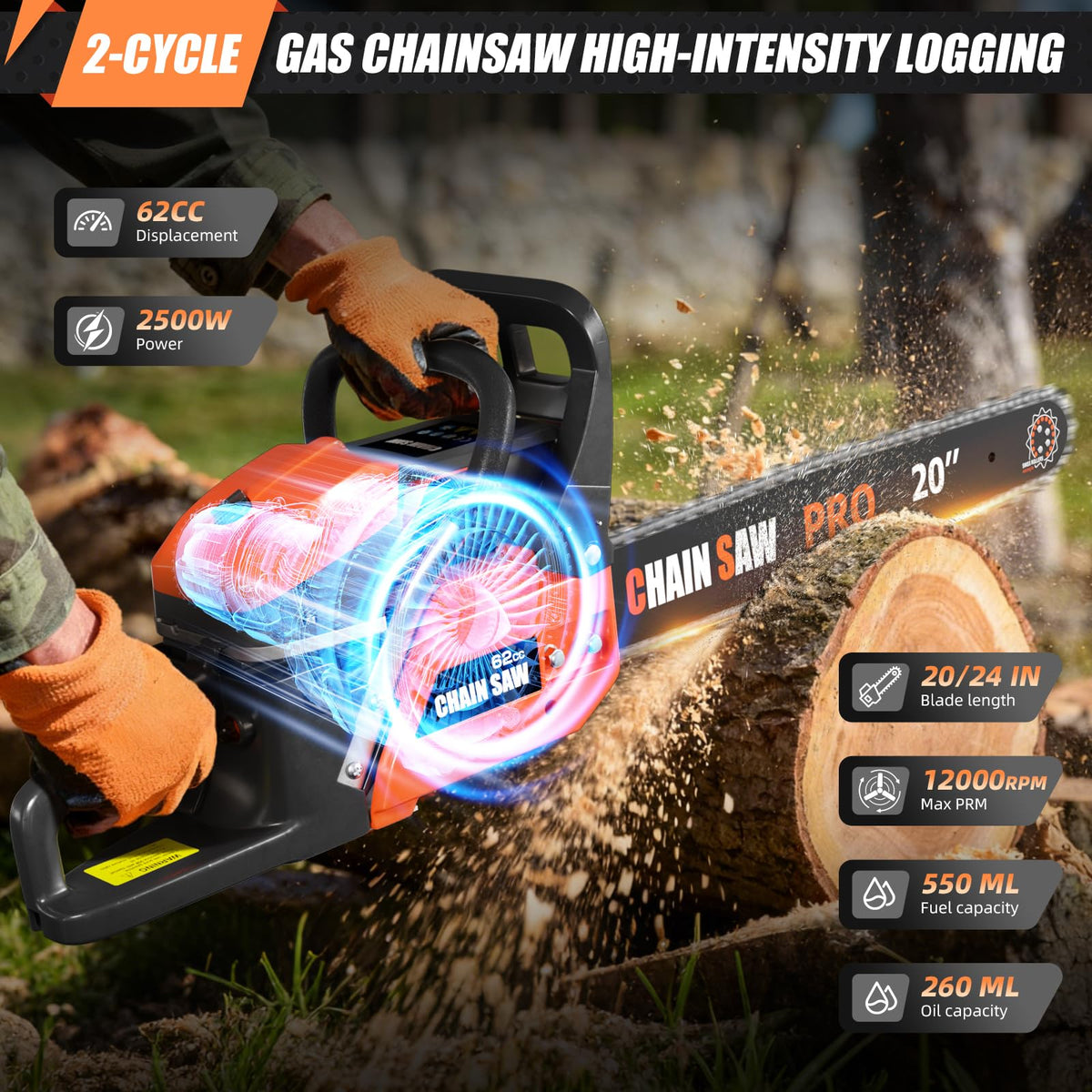 62CC Gas Chainsaw with 20inch & 24inch Chain Saw Bar O269