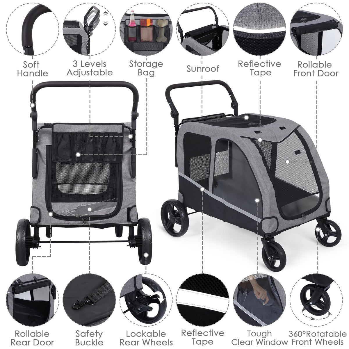 Extra Large Foldable Dog Stroller with Pocket, Up to 130 lbs B675717