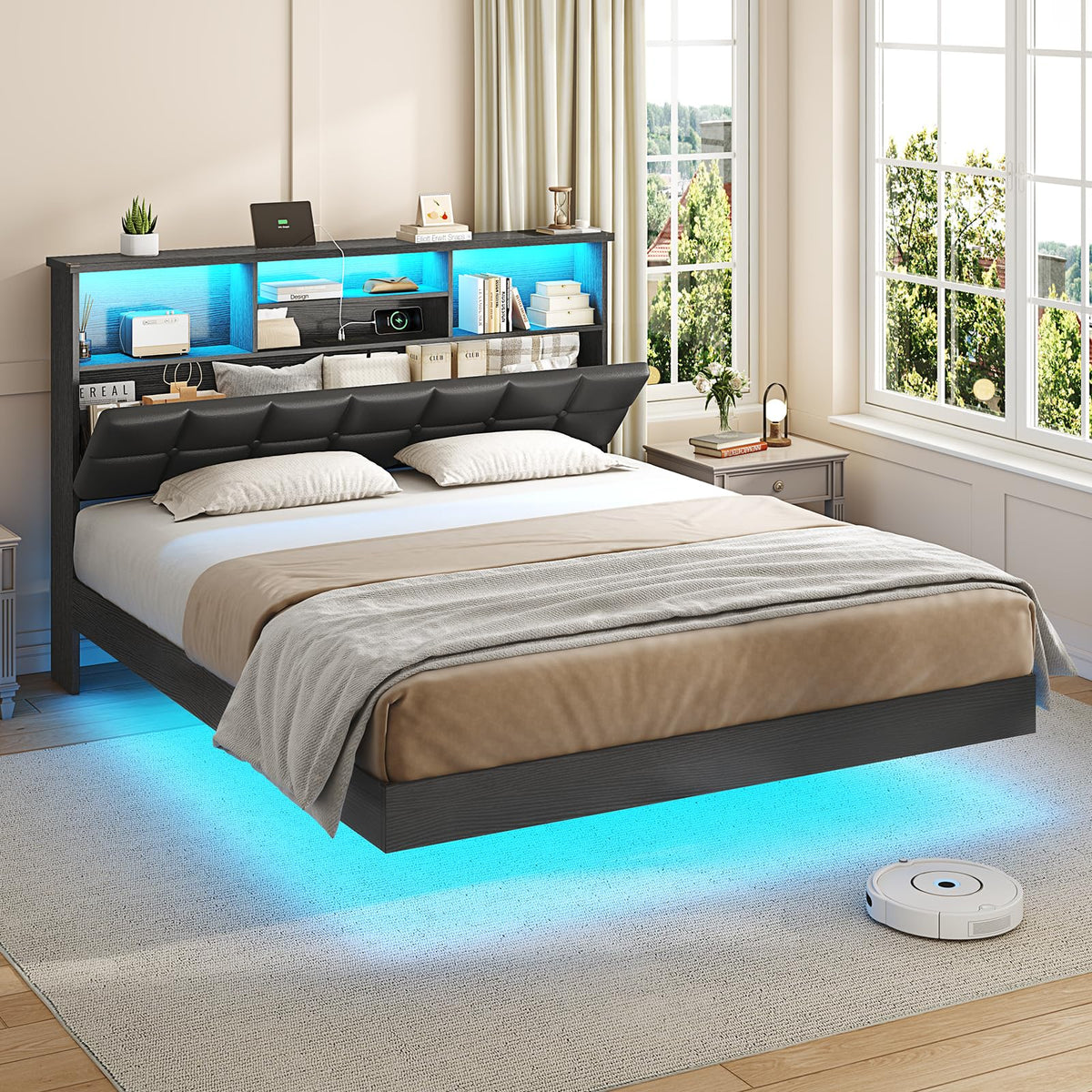 Black Full Size Upholstered Platform Bed Frame with Headboard and Storage L783