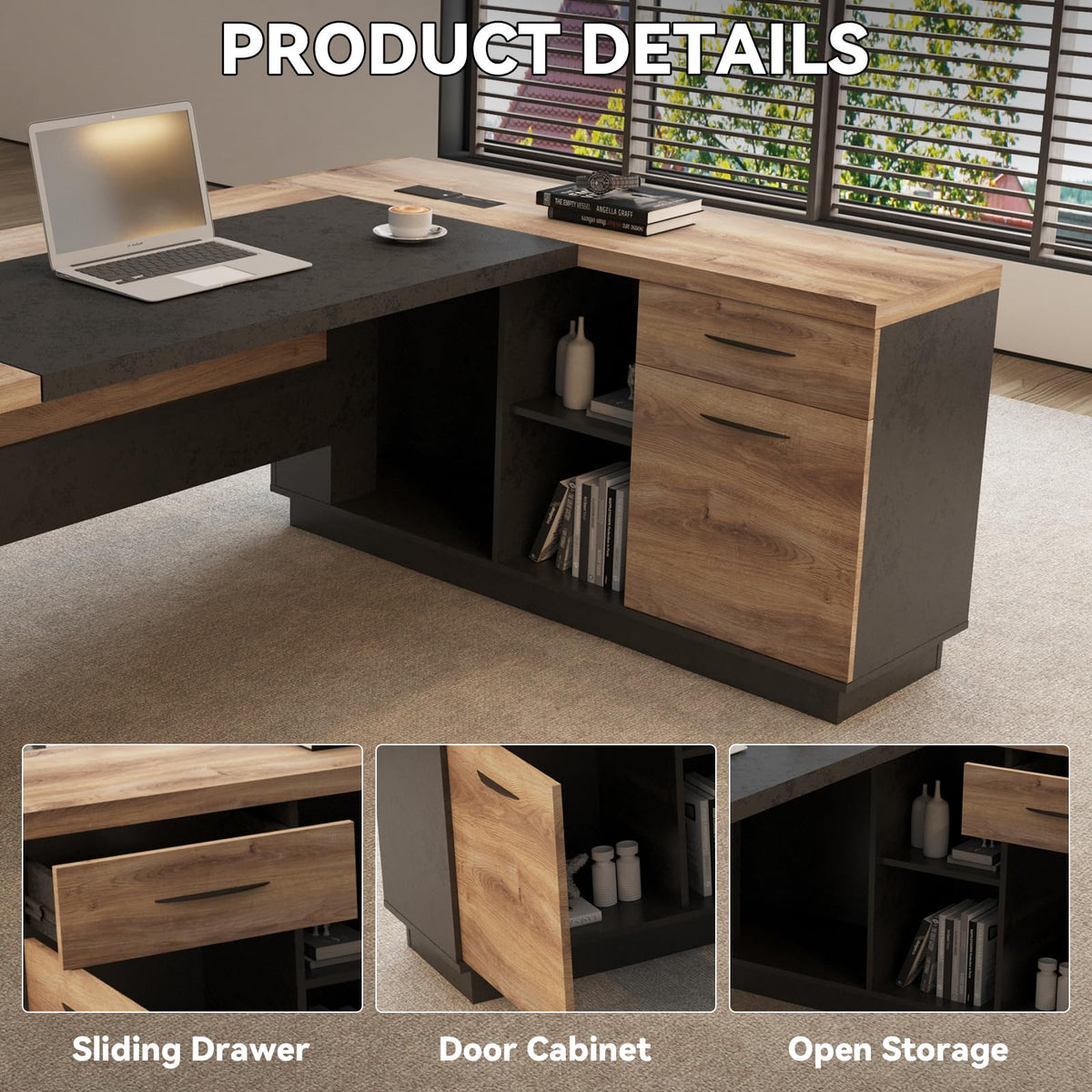 Black and Wood L Shape Executive Desk with Drawers and Shelves U786