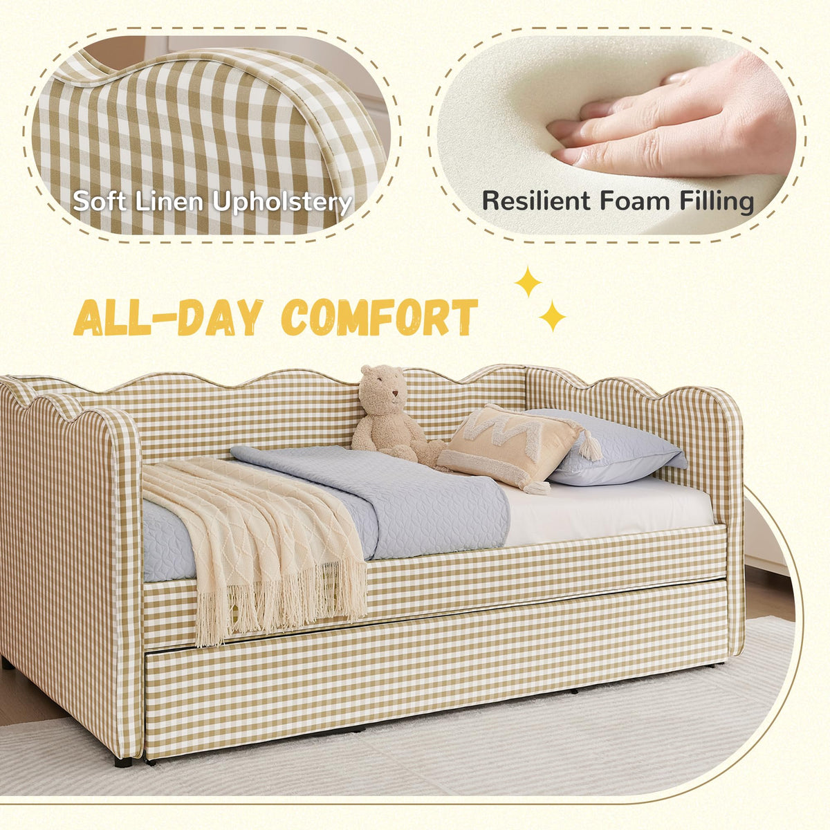 Twin Size Gingham Daybed with Trundle and USB Ports F499