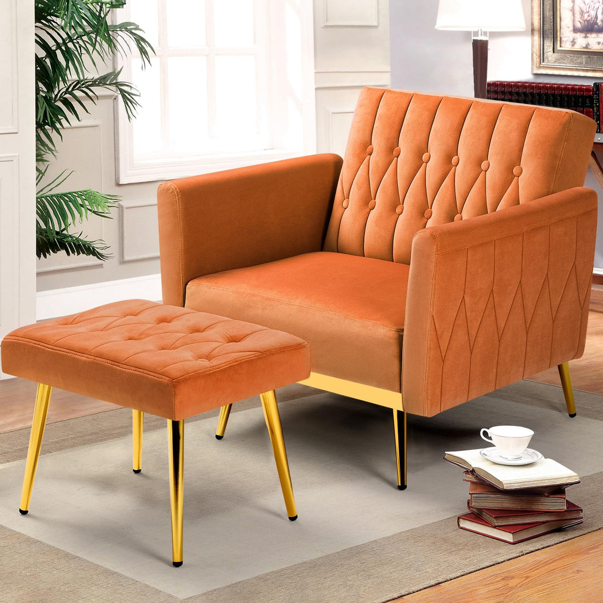 Velvet Accent Chair with Ottoman & Adjustable Backrest V988502