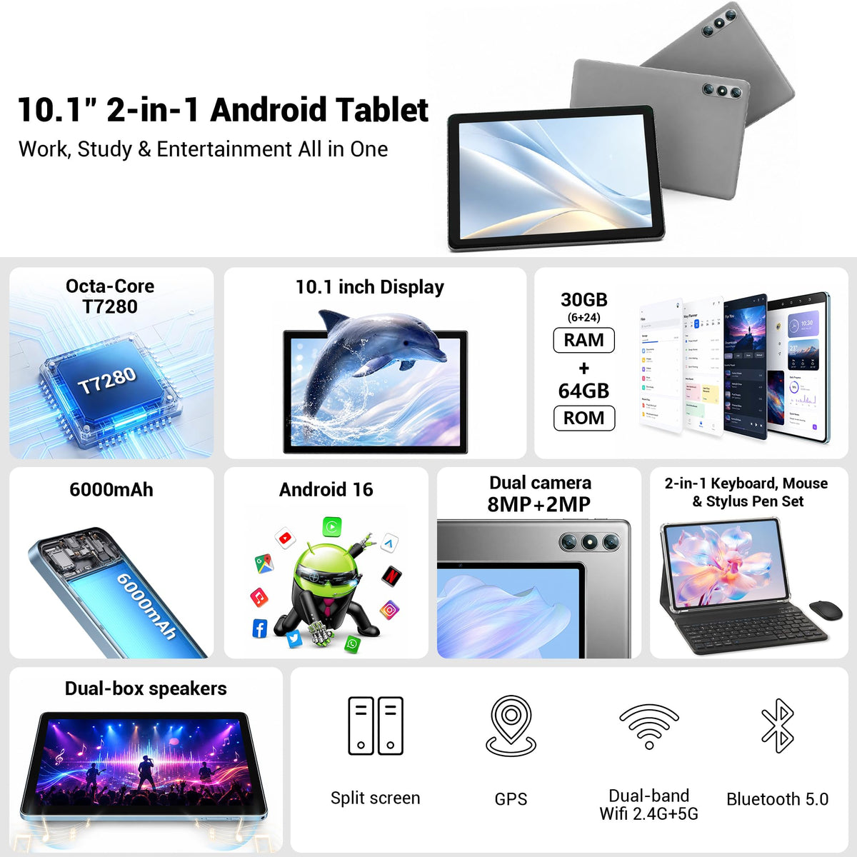 10.1" Android 16 Tablet with Keyboard, 30GB RAM 64GB ROM, Gray M472415