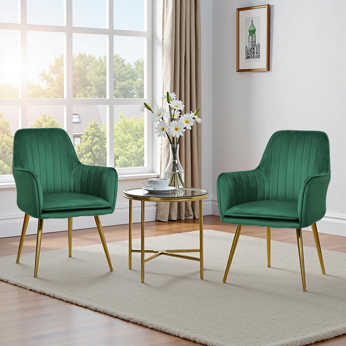 Set of 2 Green Velvet Upholstered Dining Chairs with Metal Legs G4582
