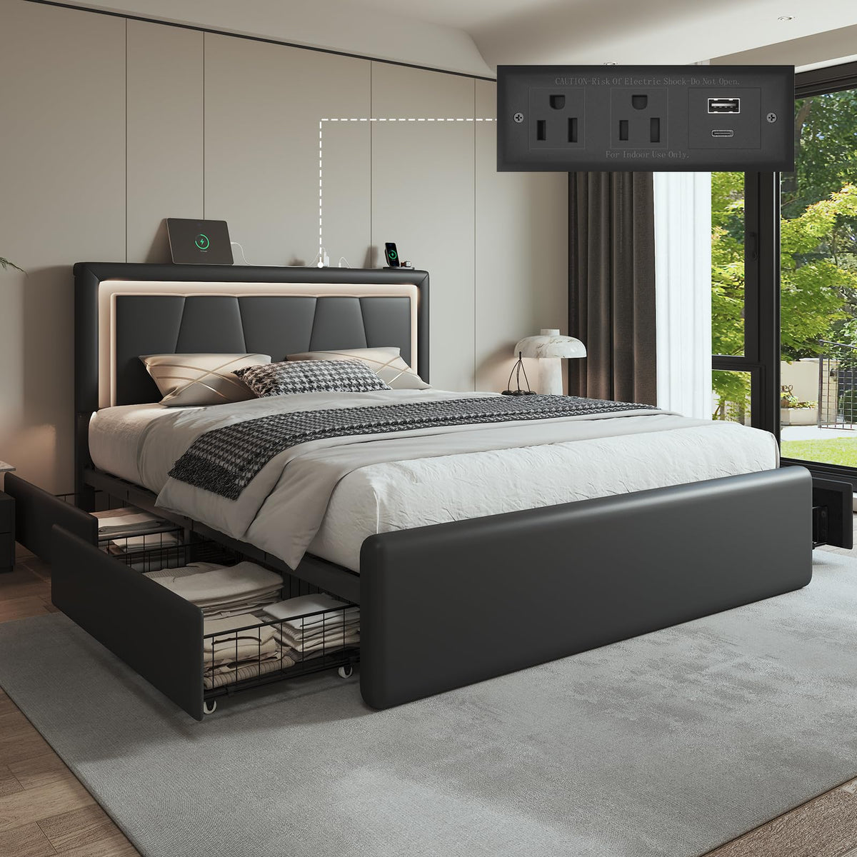 Full Size Bed Frame with Storage Drawers and Charging Station, Black W828583