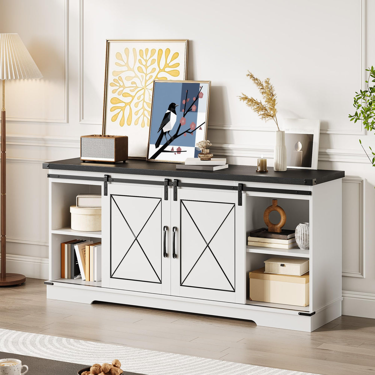 Farmhouse TV Stand with Sliding Barn Doors and Adjustable Shelves Q163