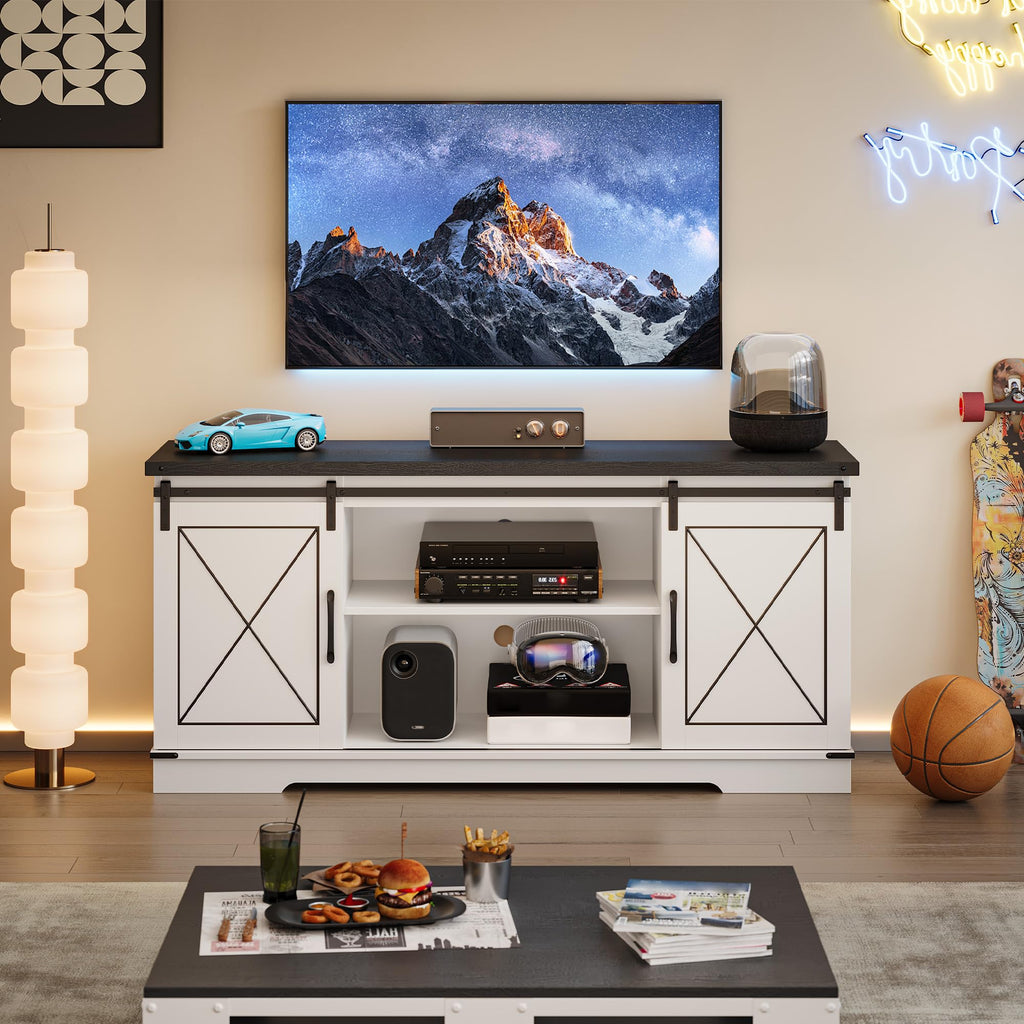Farmhouse TV Stand with Sliding Barn Doors and Adjustable Shelves Q163