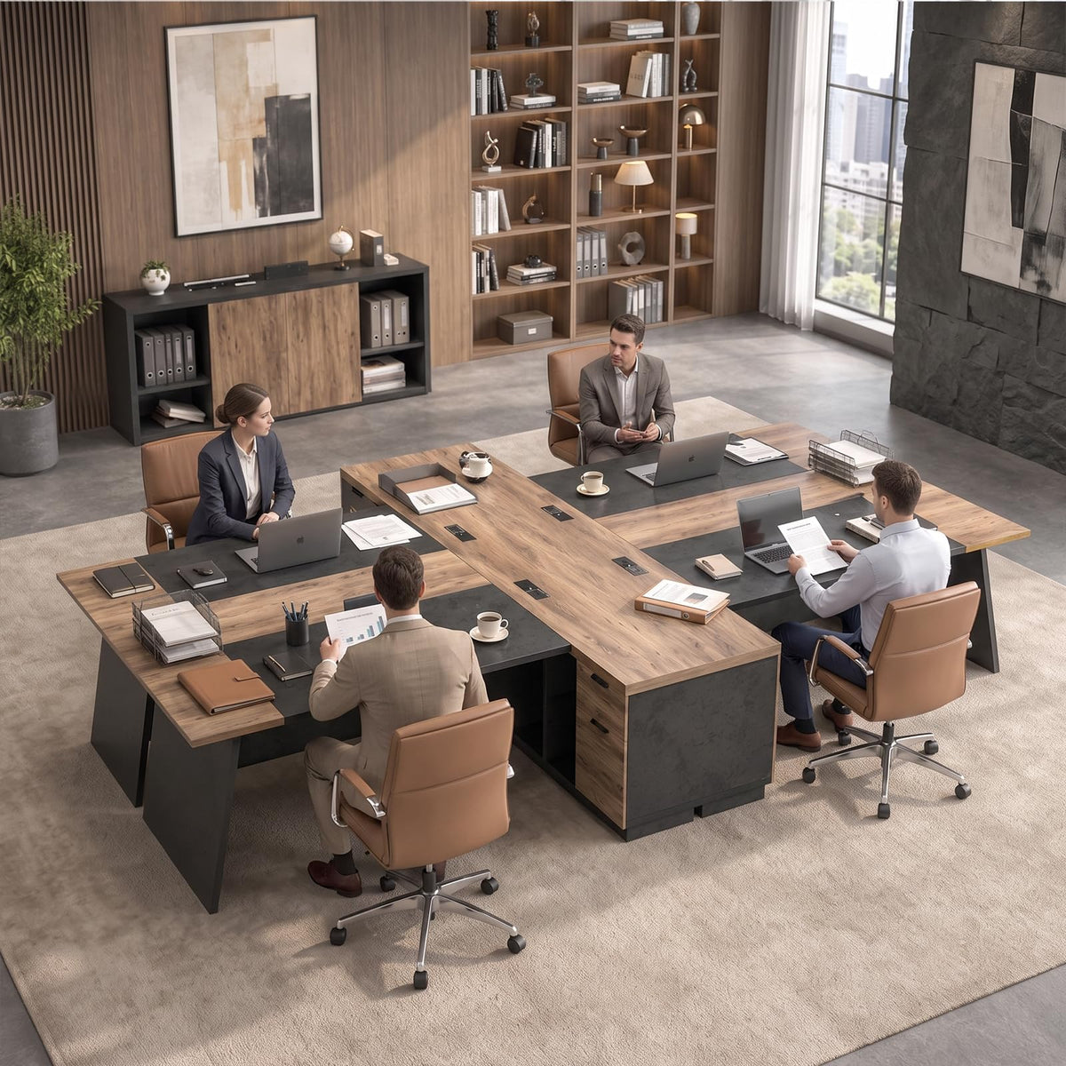 Black and Wood L Shape Executive Desk with Drawers and Shelves U786