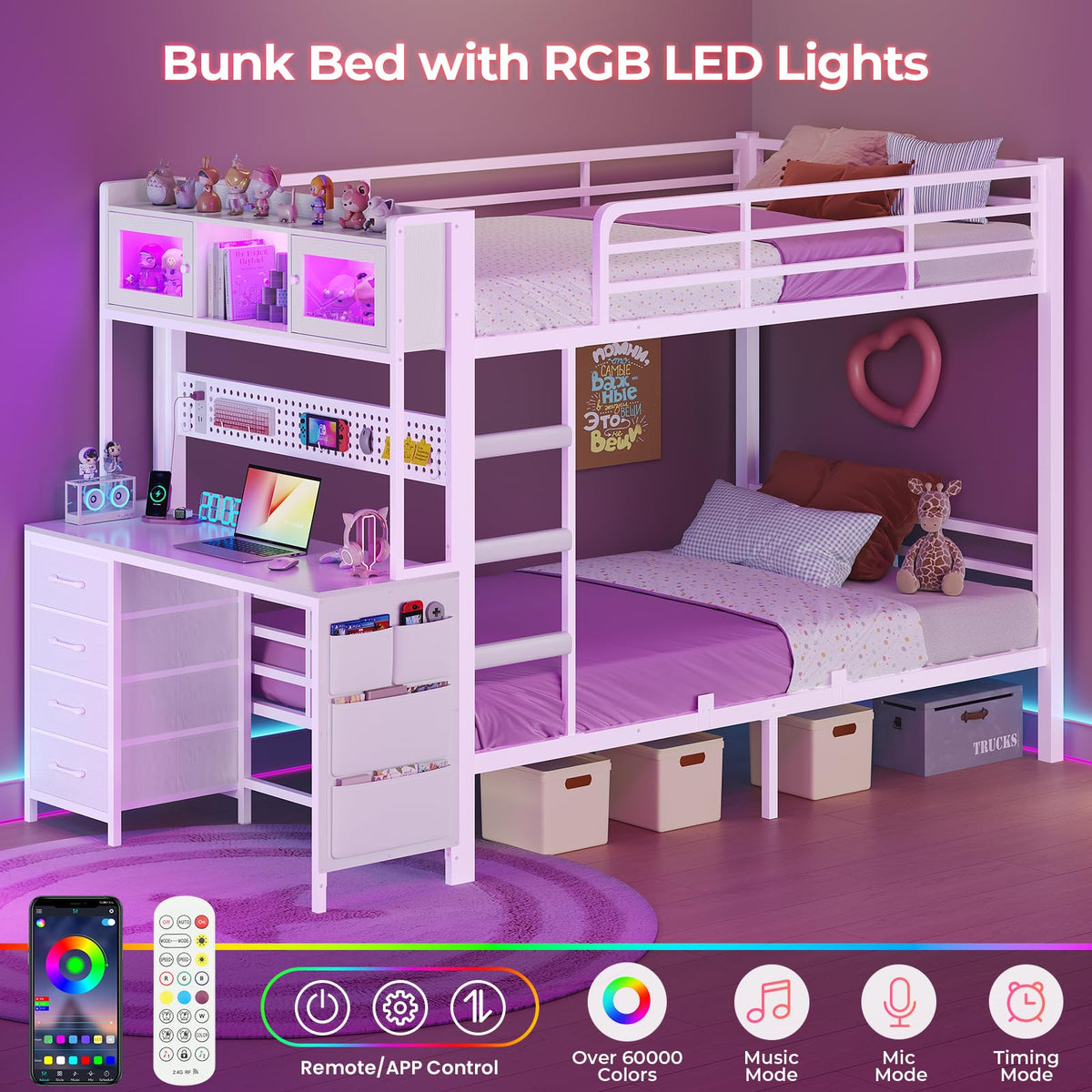 Twin Over Twin Bunk Bed with Desk & LED Light F10215