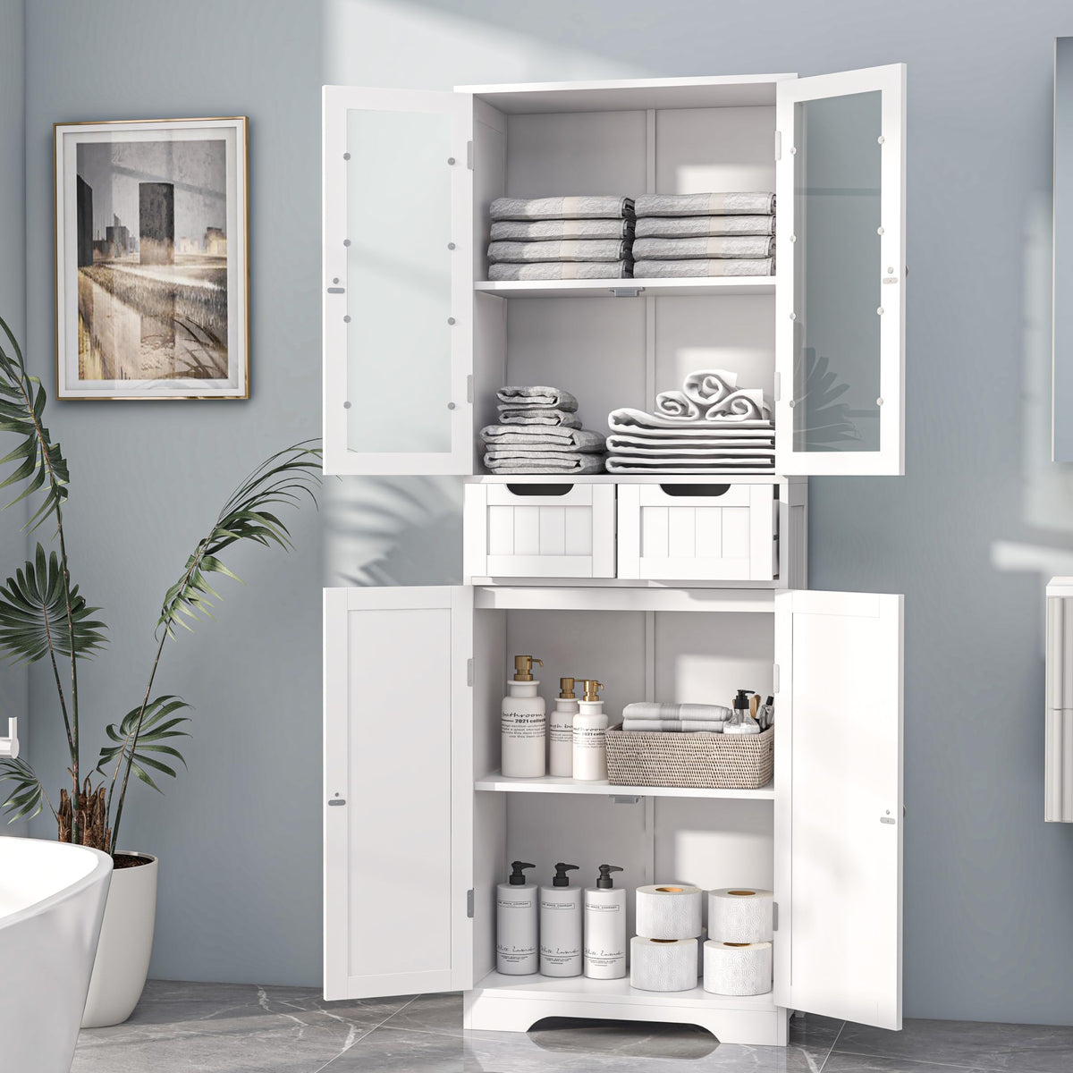 67" White Bathroom Storage Cabinet with Glass Doors and 2 Drawers C475144