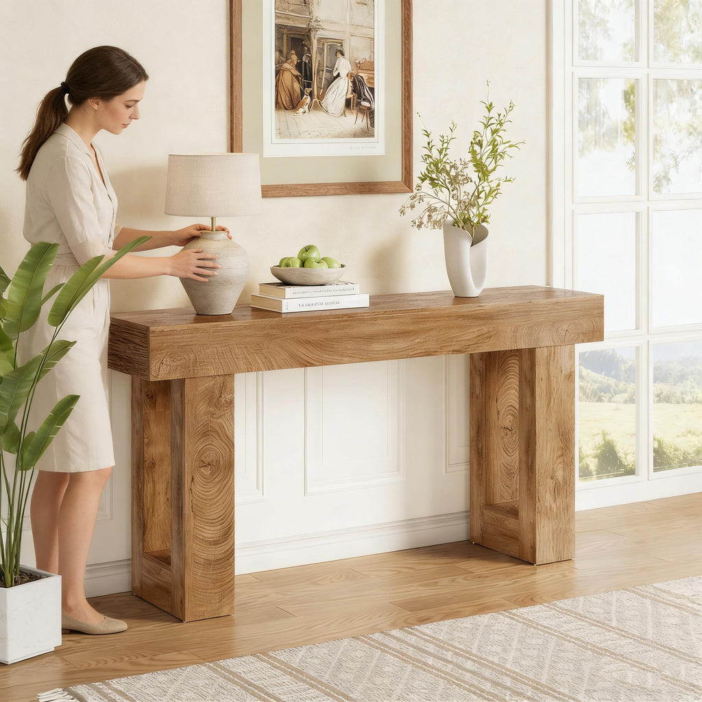 63 Inches Oak Color Wooden Console Table D795