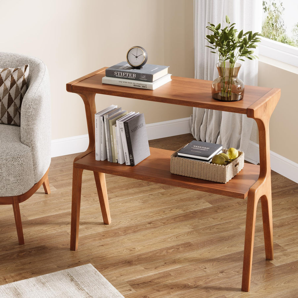 Set of 2 Solid Wood 2-Tier Side Table with Storage Shelf Y463