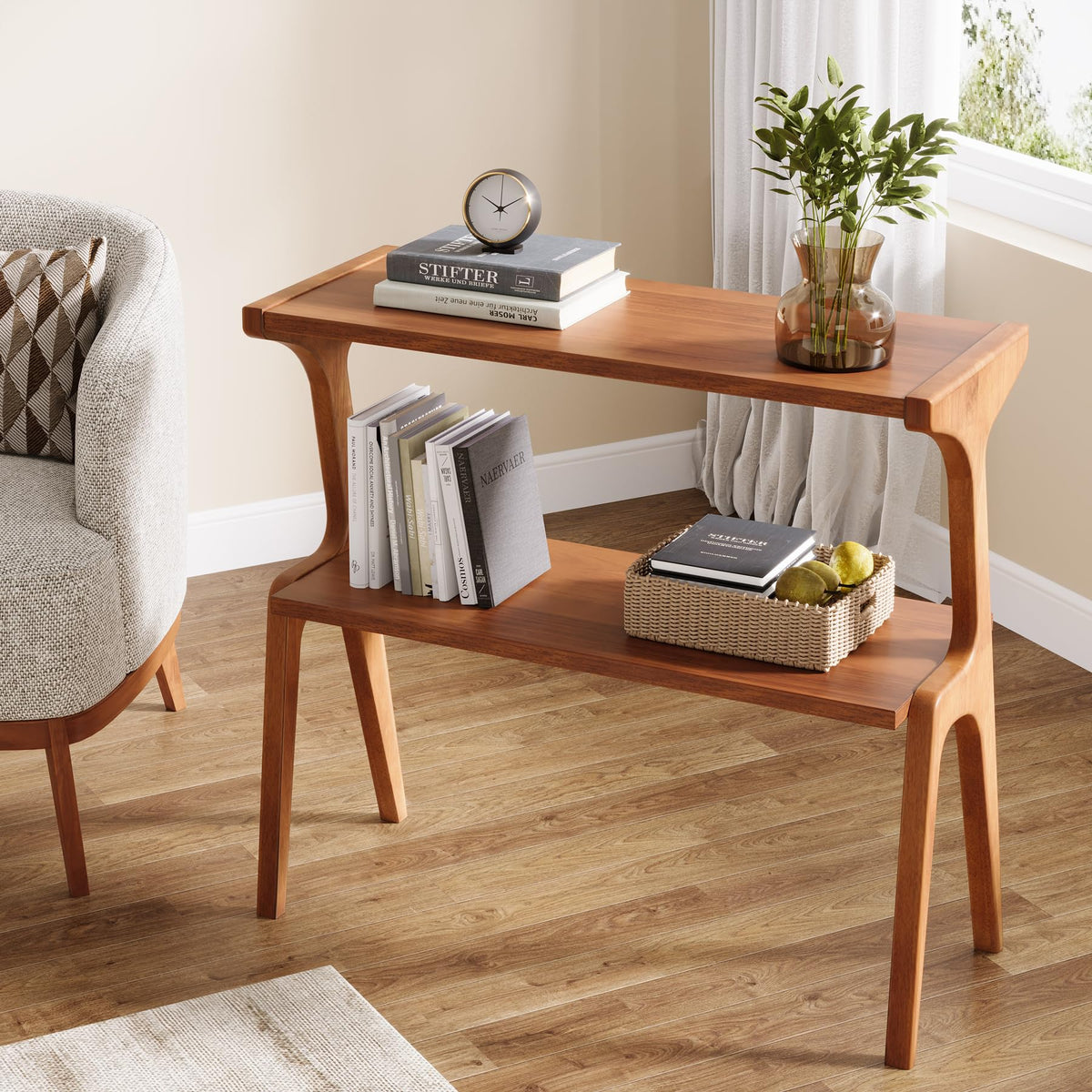 Set of 2 Solid Wood 2-Tier Side Table with Storage Shelf Y463