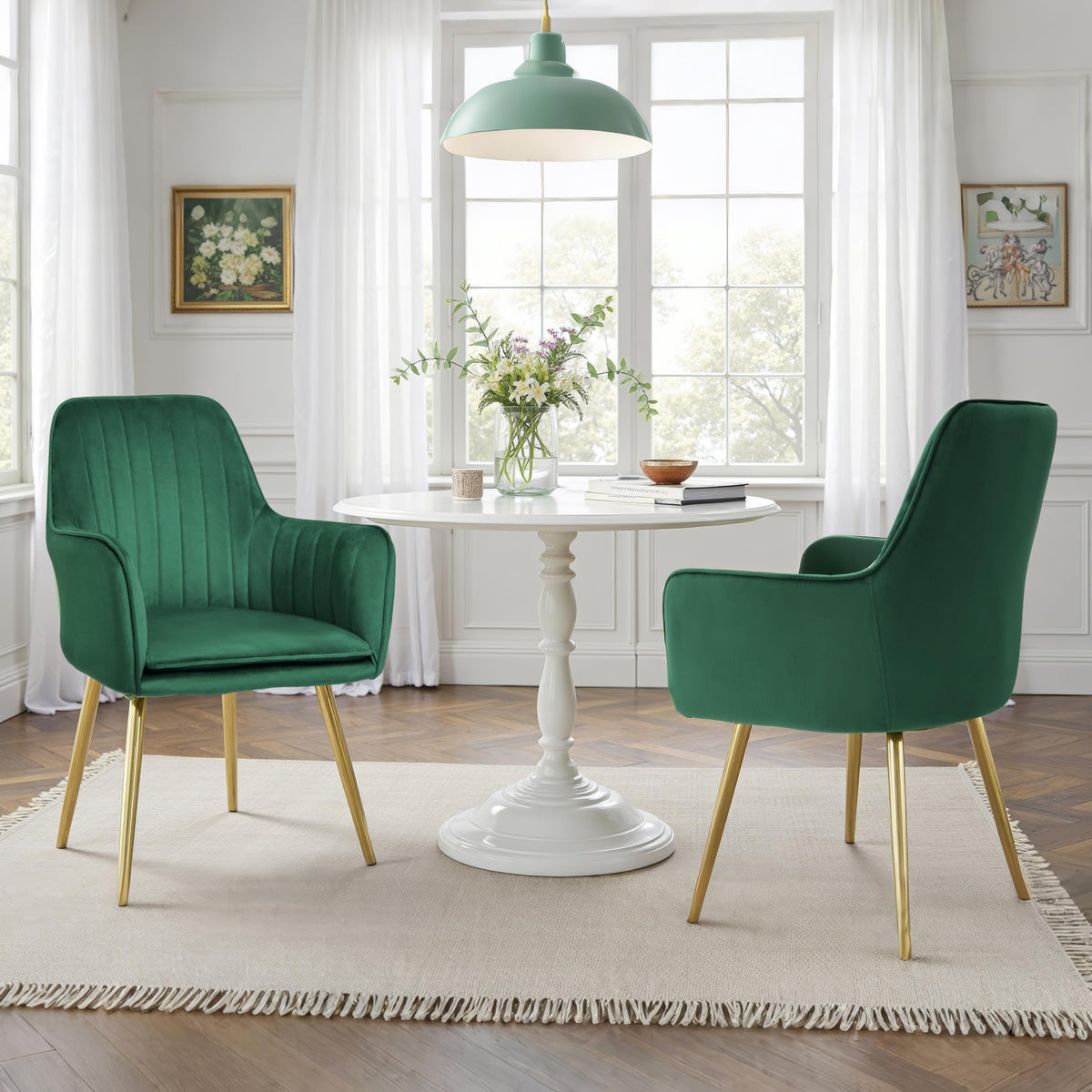Set of 2 Green Velvet Upholstered Dining Chairs with Metal Legs G4582