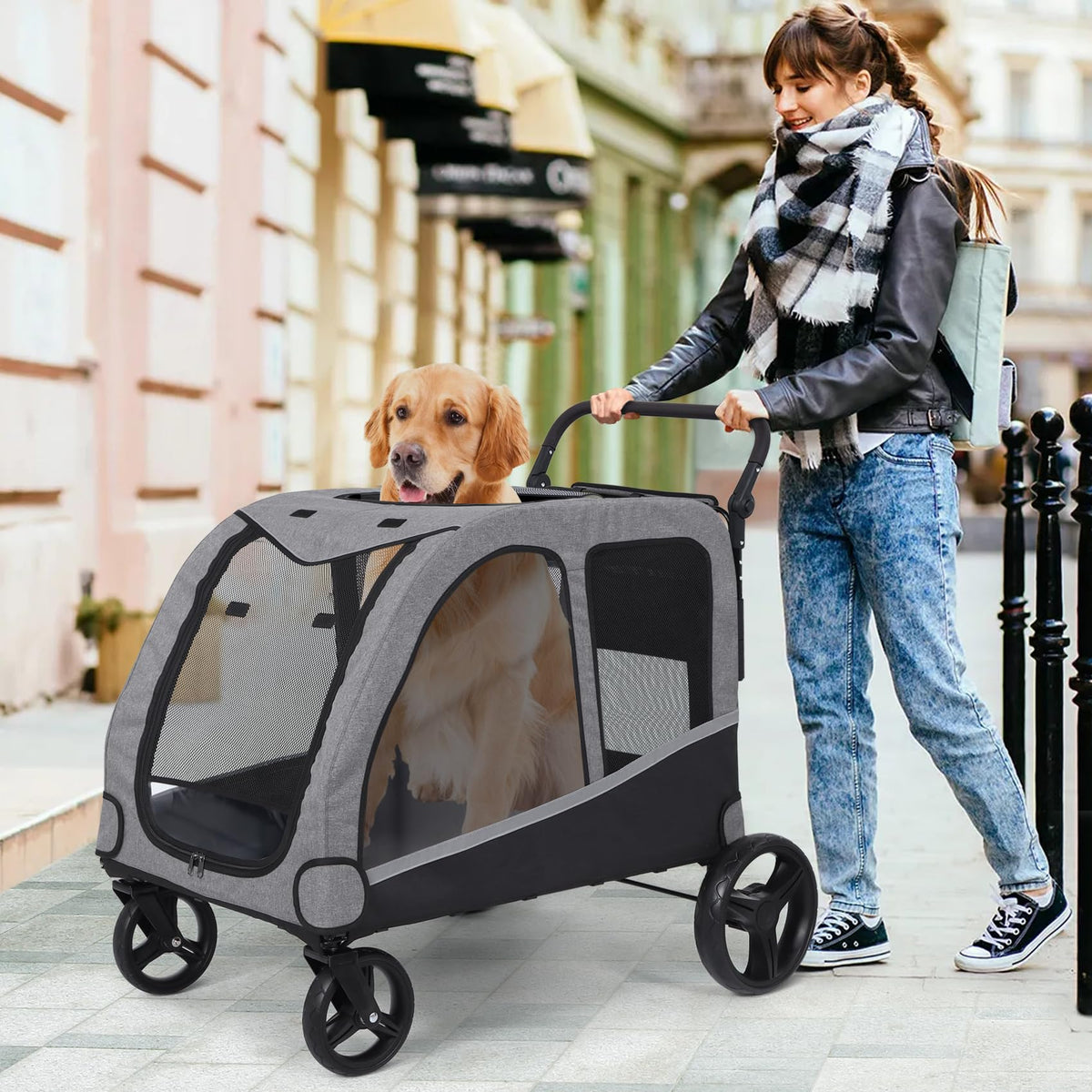 Extra Large Foldable Dog Stroller with Pocket, Up to 130 lbs B675717