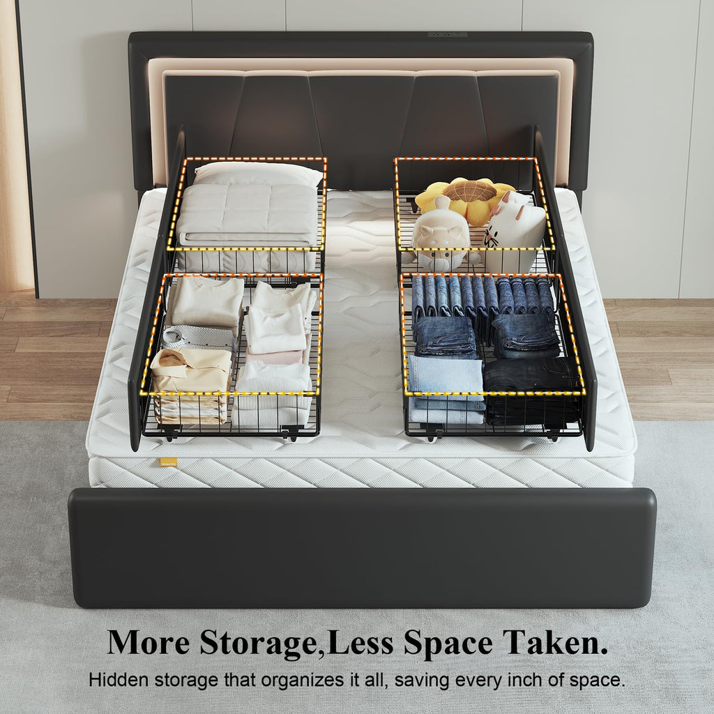 Full Size Bed Frame with Storage Drawers and Charging Station, Black W828583