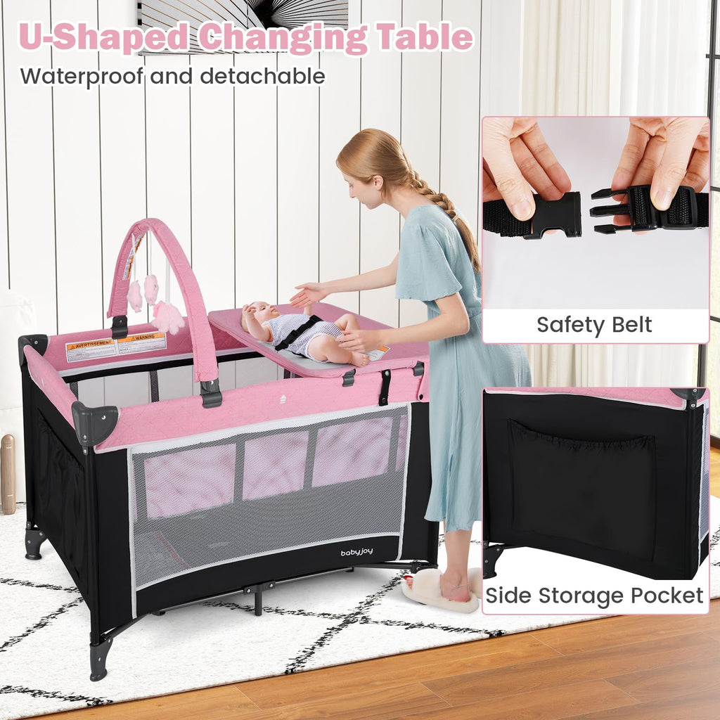 3 in 1 Pink Pack and Play Baby Crib Bassinet H1379