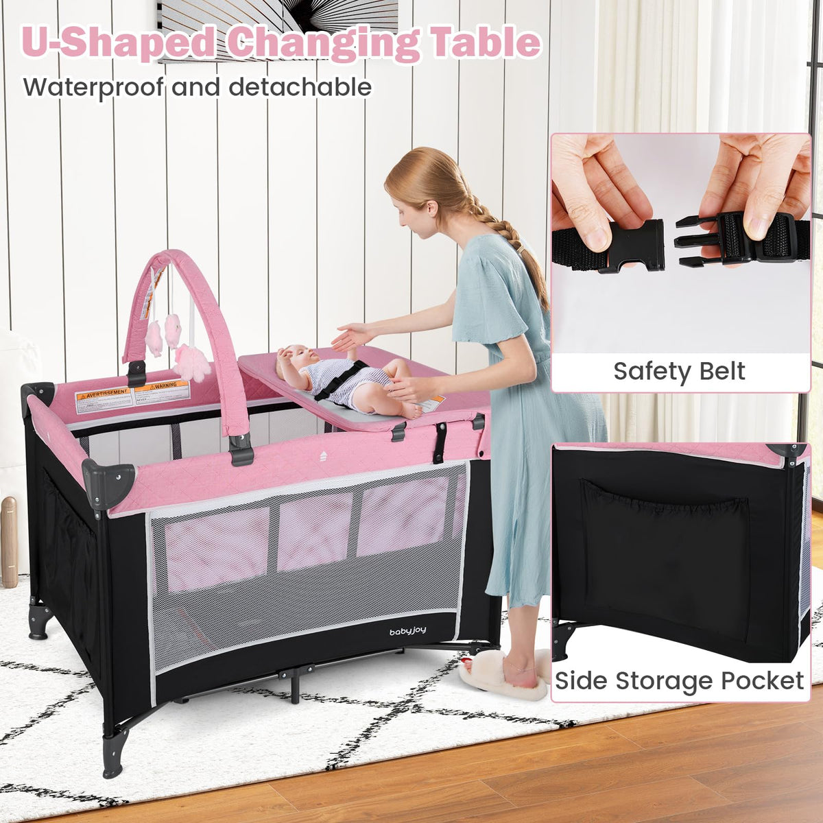 3 in 1 Pink Pack and Play Baby Crib Bassinet H1379
