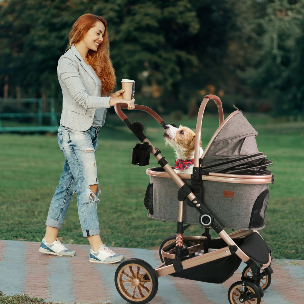 Dog Stroller with Detachable Carrier, Rubber Wheels, 50 lbs, Grey O498822