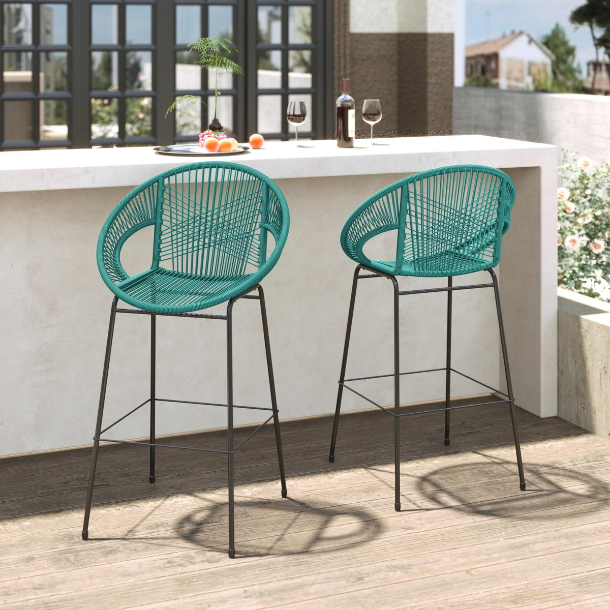 Teal Faux Wicker Outdoor Bar Stool Set of 2 S692606