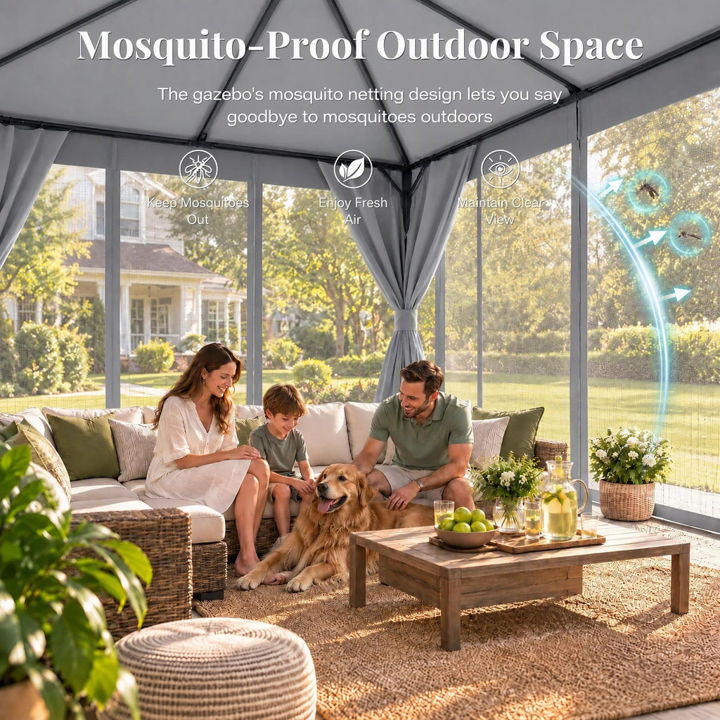8x8 Gazebo Canopy with Netting, Curtains & Double Roof N142065