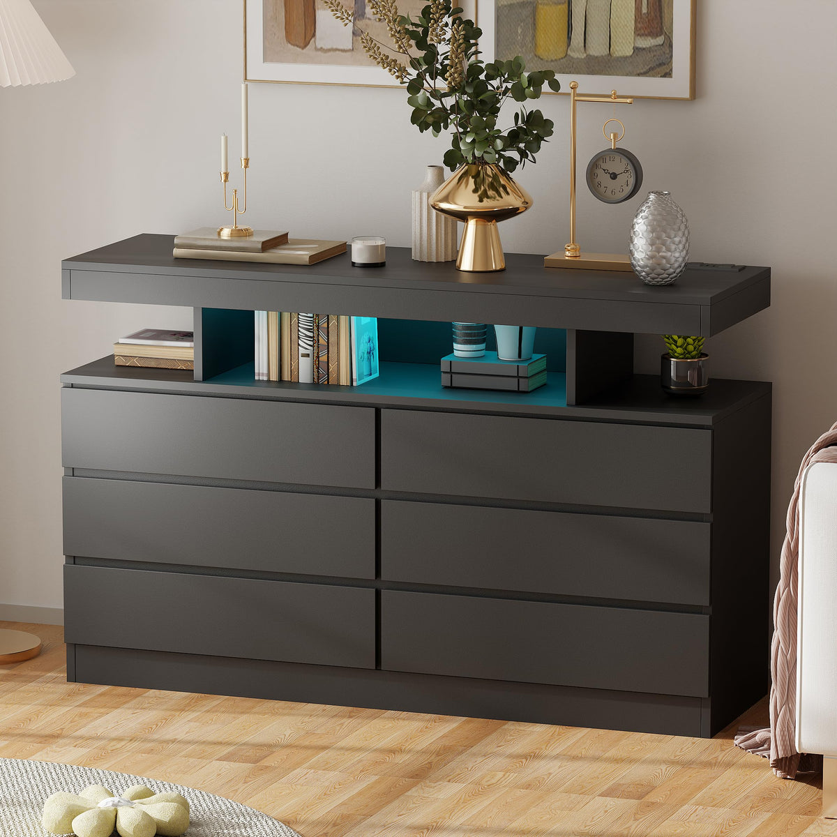 Black Dresser with Charging Station and LED Lights N306120
