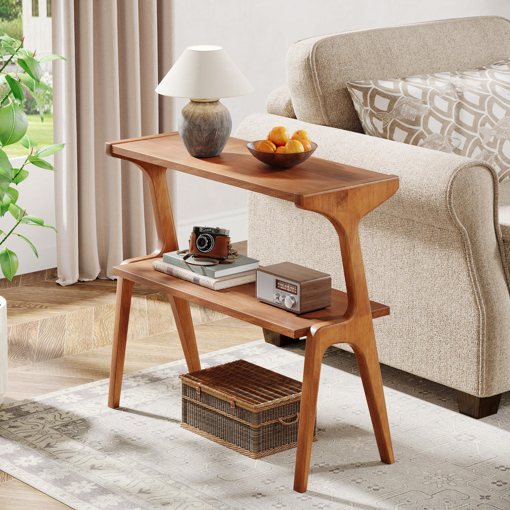 Set of 2 Solid Wood 2-Tier Side Table with Storage Shelf Y463