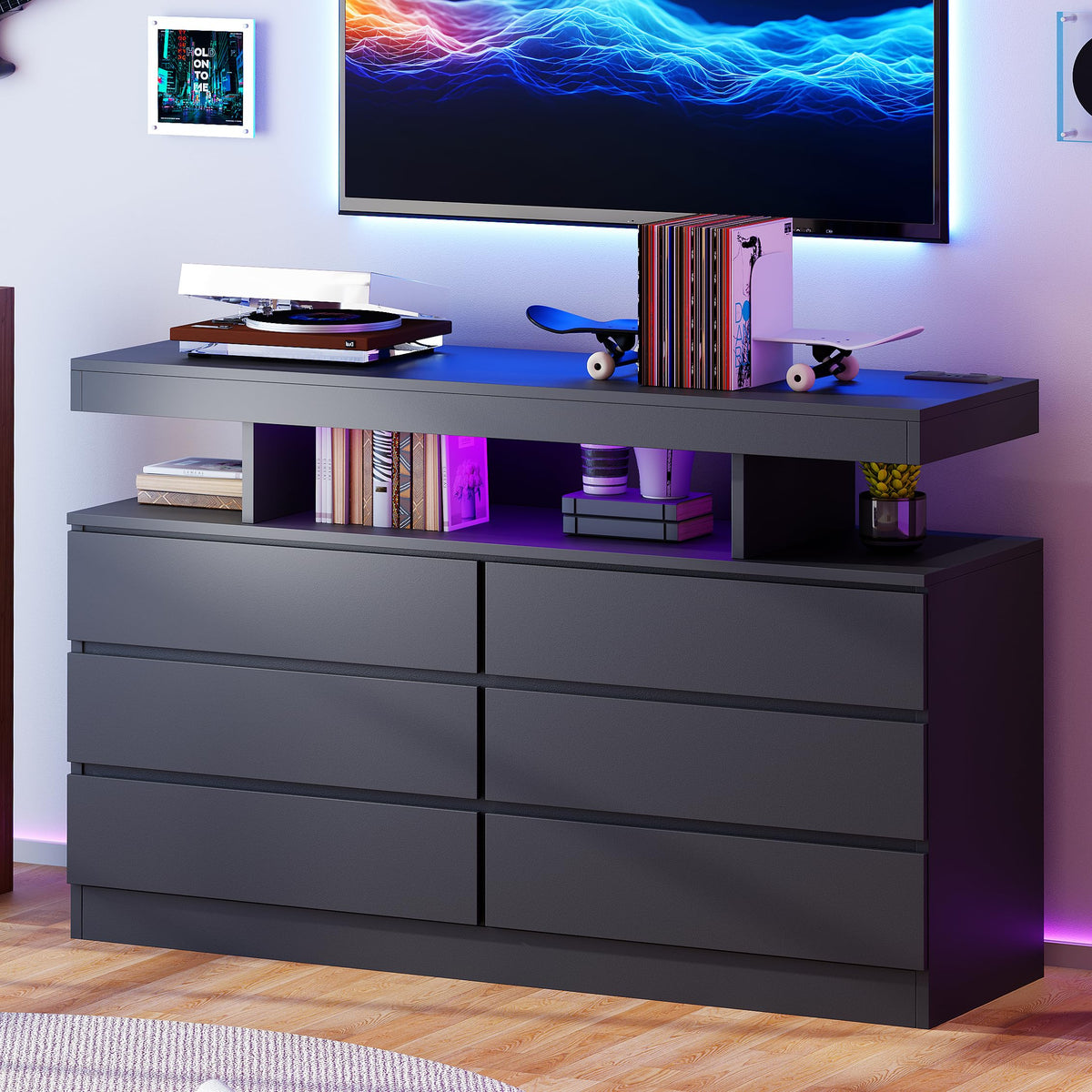 Black Dresser with Charging Station and LED Lights N306120
