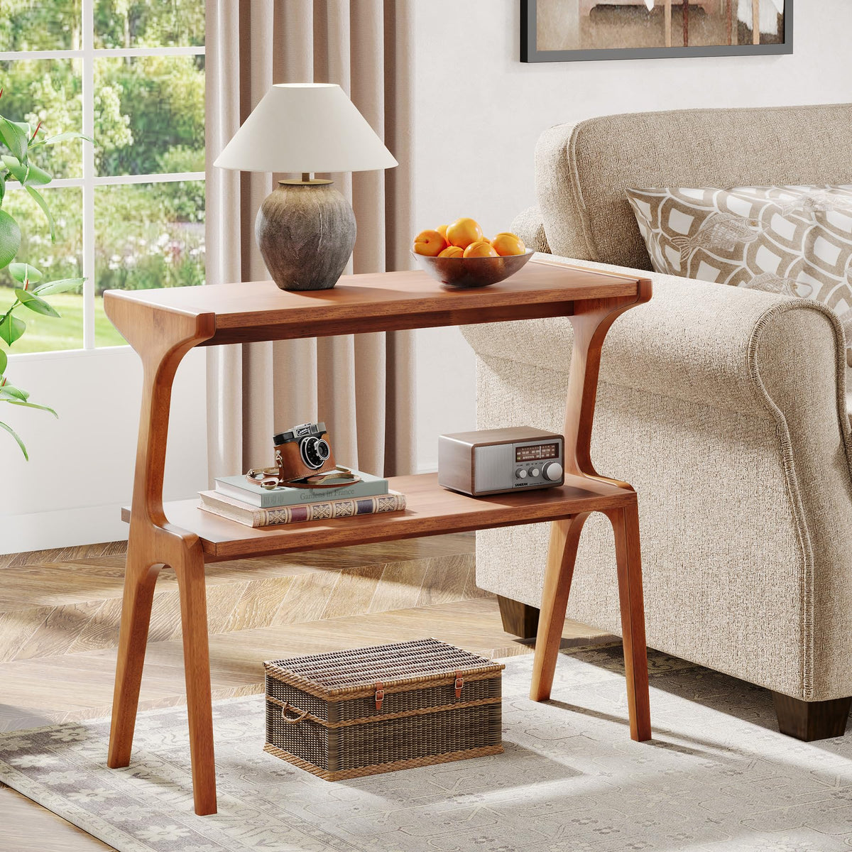 Set of 2 Solid Wood 2-Tier Side Table with Storage Shelf Y463